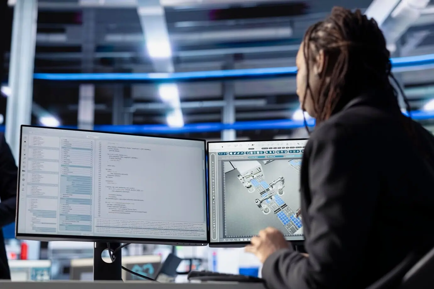 Donna in un impianto di pannelli solari che scrive codice di programmazione per monitorare la produzione di energia.